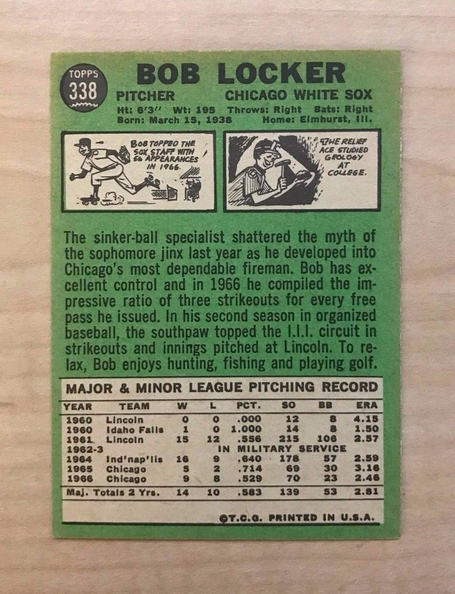 BOB LOCKER CHICAGO WHITE SOX SIGNED AUTOGRAPHED 1967 TOPPS CARD #338 W/COA