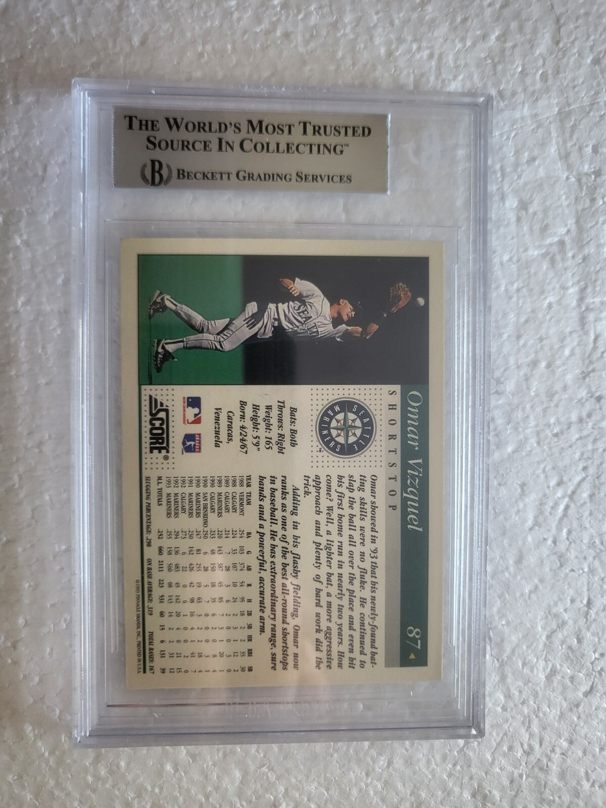 1994 SCORE OMAR VIZQUEL SEATTLE MARINERS SIGNED AUTO #87 CARD BECKETT