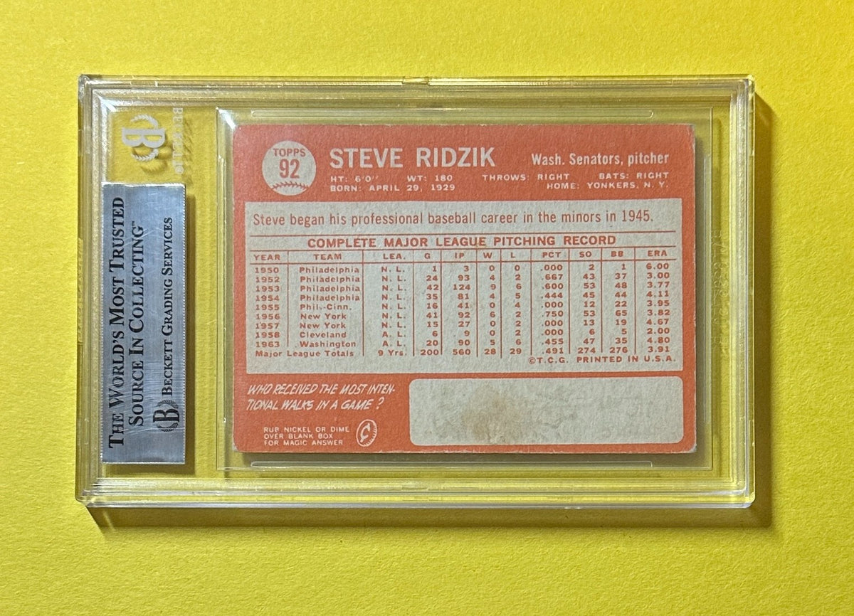 1964 TOPPS STEVE RIDZIK #92 BECKETT AUTHENTIC SIGNED AUTOGRAPH CARD SENATORS