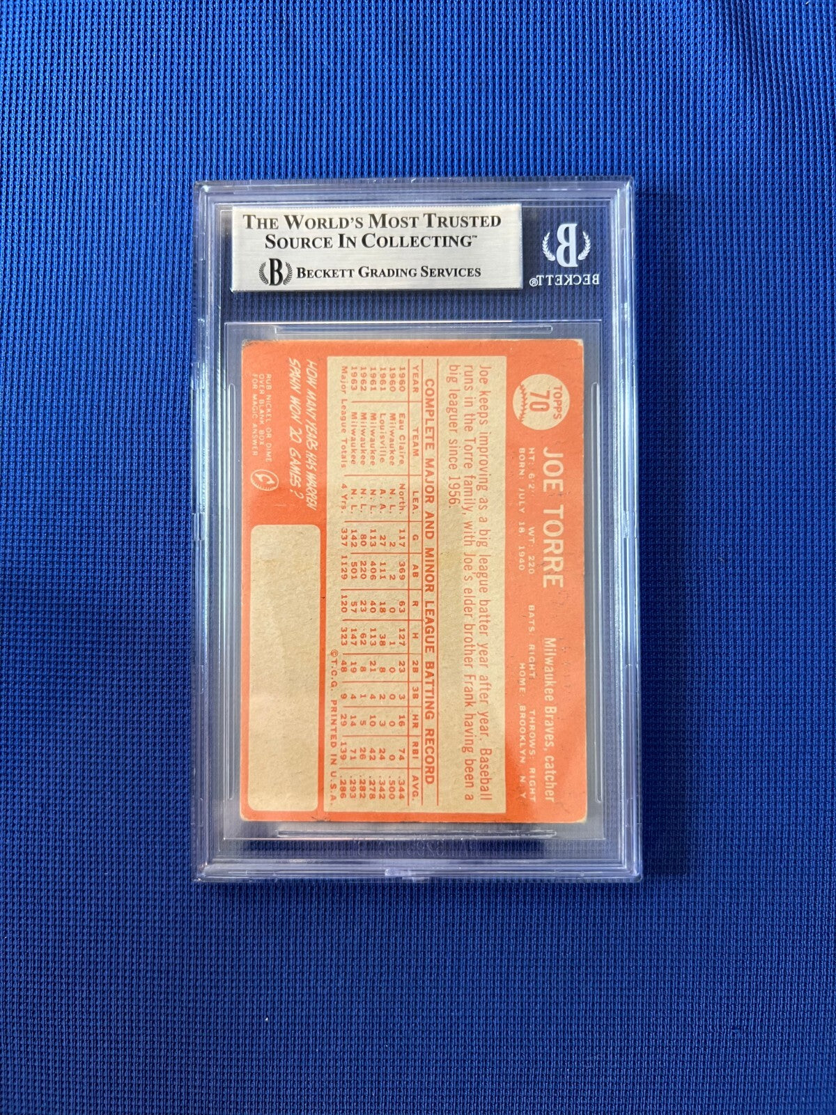 1964 TOPPS JOE TORRE MILWAUKEE BRAVES SIGNED AUTOGRAPHED CARD #70 BECKETT