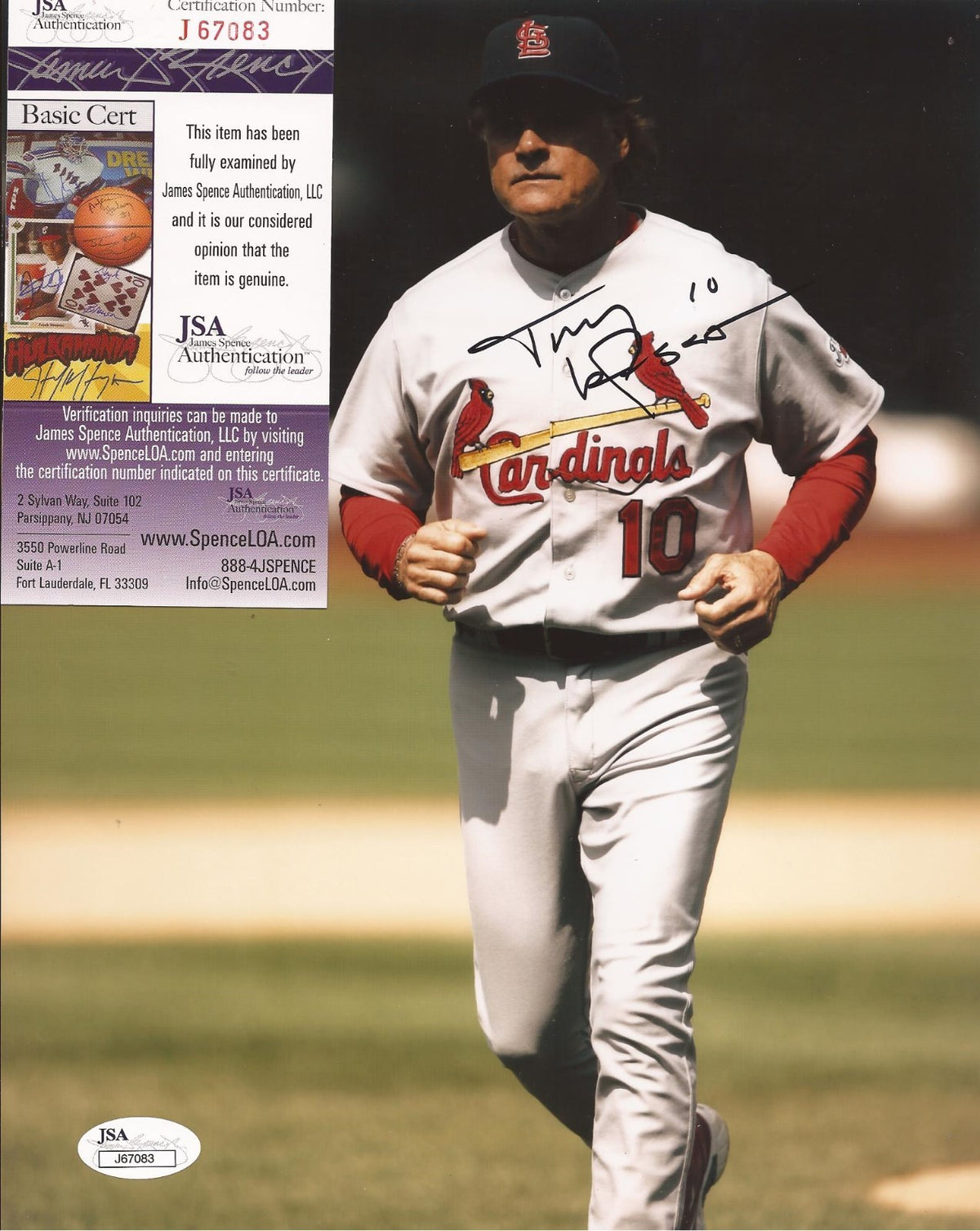 TONY LARUSSA ST.LOUIS CARDINALS SIGNED AUTOGRAPHED 8X10 PHOTO JSA COA #J67083