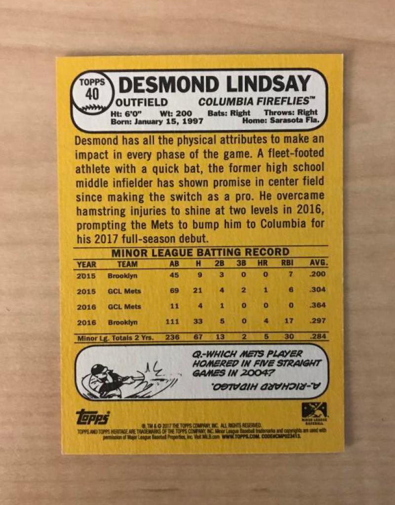 DESMOND LINDSAY COLUMBIA FIREFLIES SIGNED 2017 TOPPS HERITAGE CARD #40 W/COA