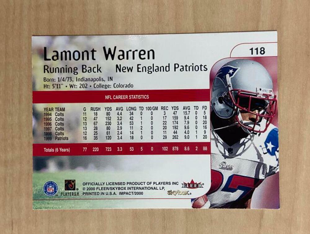 LAMONT WARREN NEW ENGLAND PATRIOTS SIGNED AUTOGRAPHED 2000 IMPACT CARD#118 W/COA