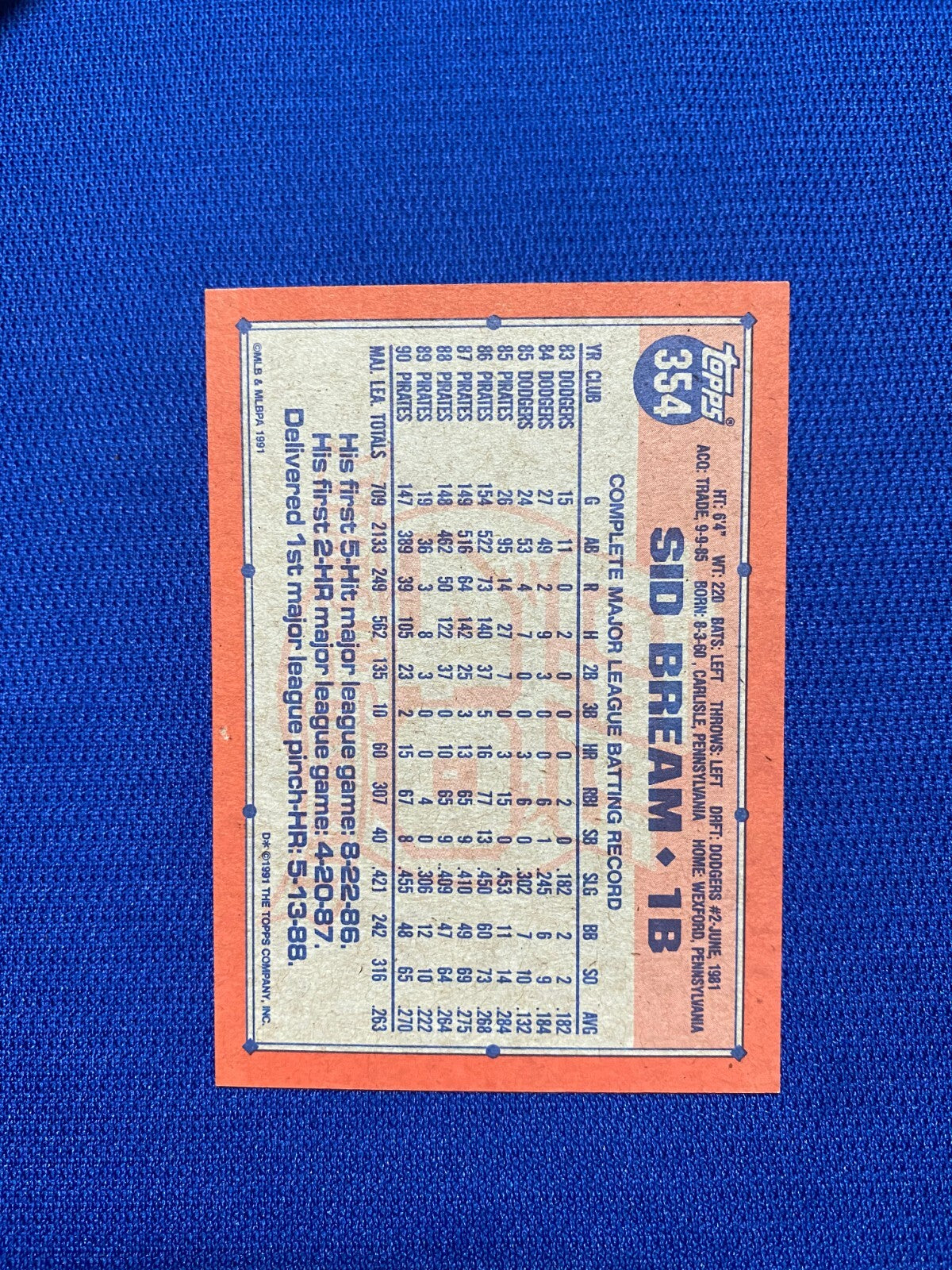 1991 TOPPS SID BREAM PITTSBURGH PIRATES SIGNED AUTOGRAPHED #354 CARD W/COA