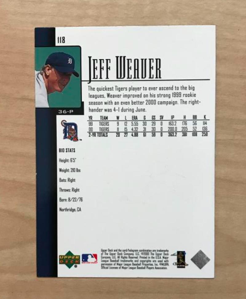 JEFF WEAVER DETROIT TIGERS SIGNED AUTOGRAPHED 2001 UPPER DECK CARD #118 W/COA 