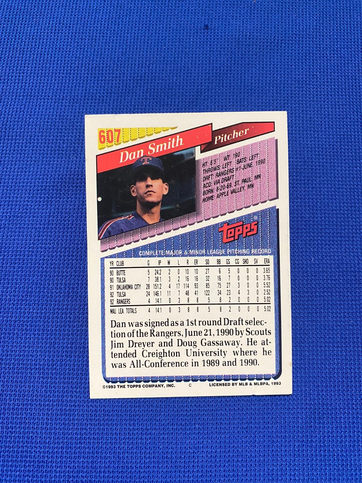 1993 TOPPS DAN SMITH TEXAS RANGERS SIGNED AUTOGRAPHED AUTO #607 CARD W/COA