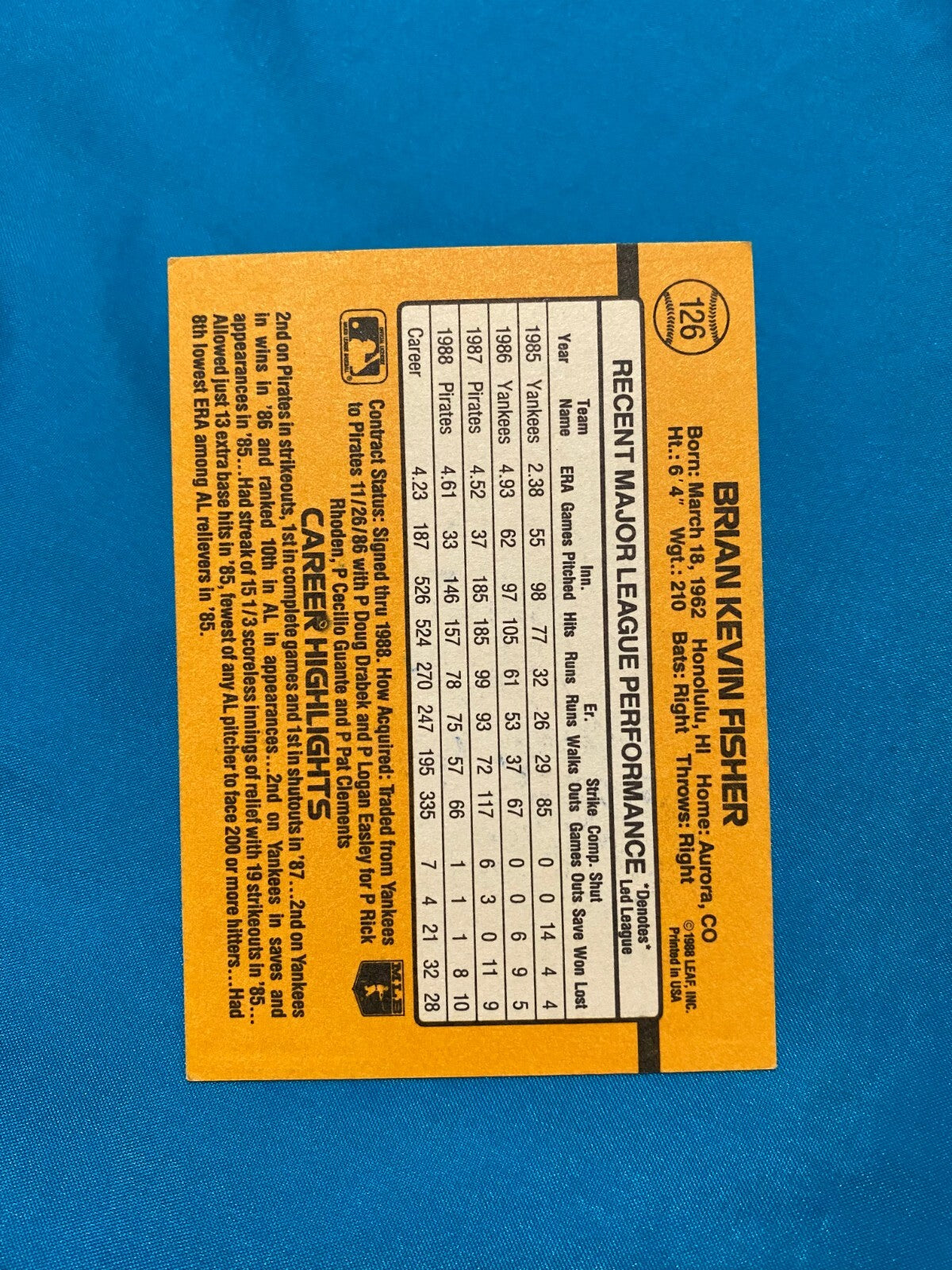1989 DONRUSS BRIAN FISHER PITTSBURGH PIRATES AUTOGRAPHED SIGNED CARD #126 W/COA