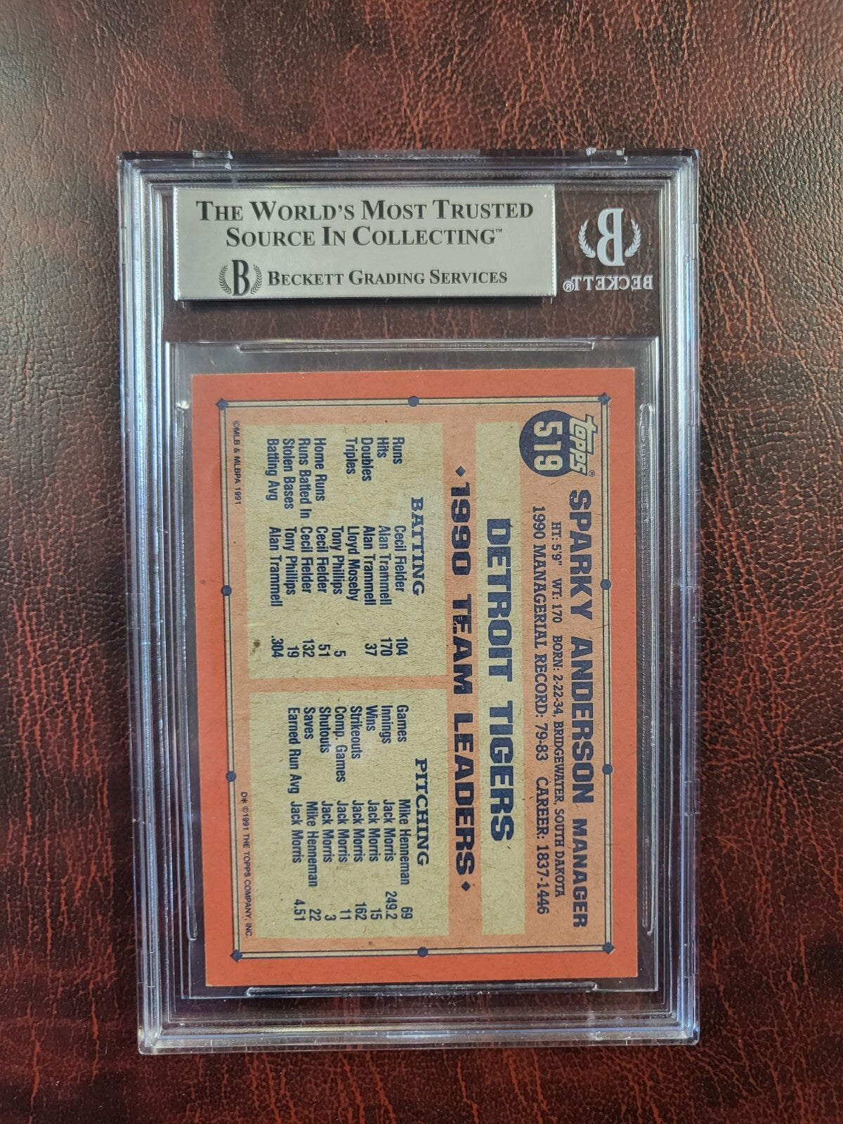1991 SPARKY ANDERSON TIGERS SIGNED AUTOGRAPH #519 CARD BECKETT AUTHENTIC