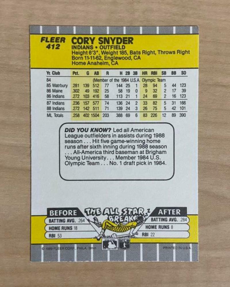 CORY SNYDER CLEVELAND INDIANS SIGNED AUTOGRAPHED 1989 FLEER CARD #412 W/COA 