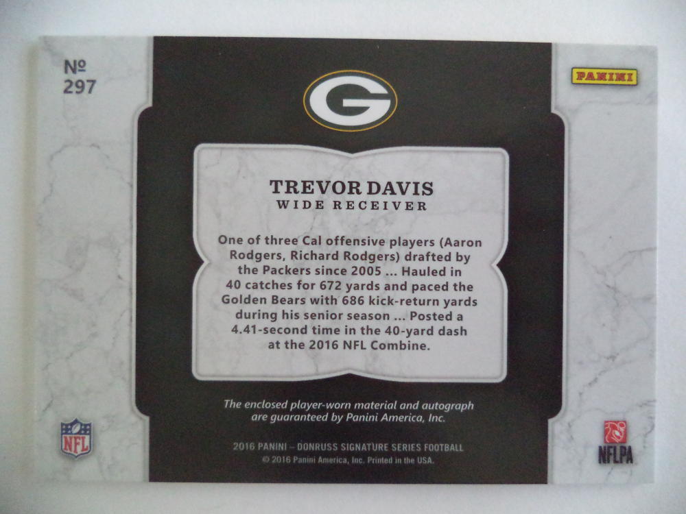 TREVOR DAVIS 2016 DONRUSS SIGNATURES JERSEY/AUTO CARD 