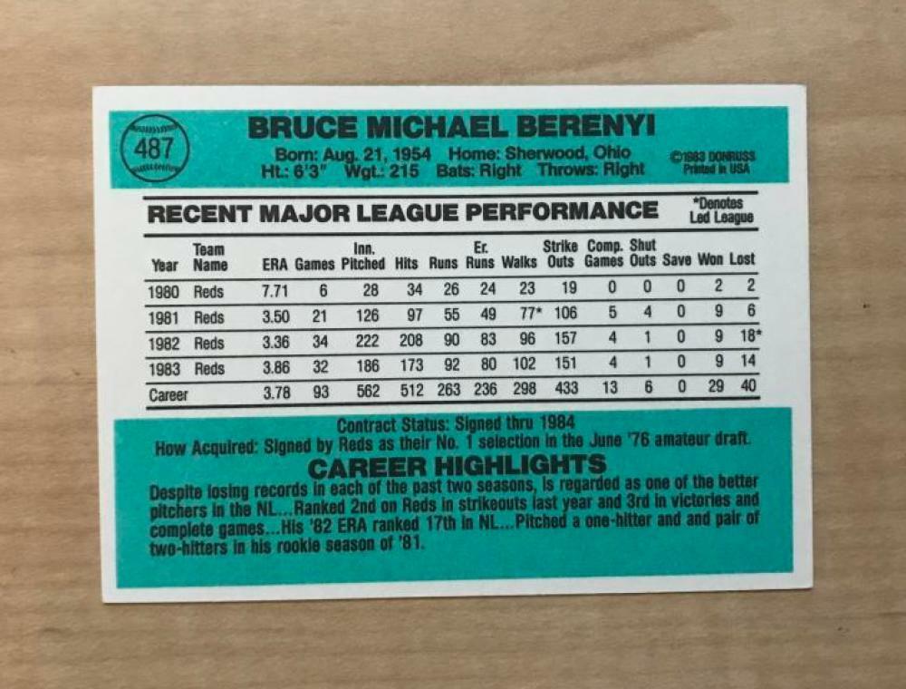 BRUCE BERENYI CINCINNATI REDS SIGNED AUTOGRAPHED 1984 DONRUSS CARD #487 W/COA 