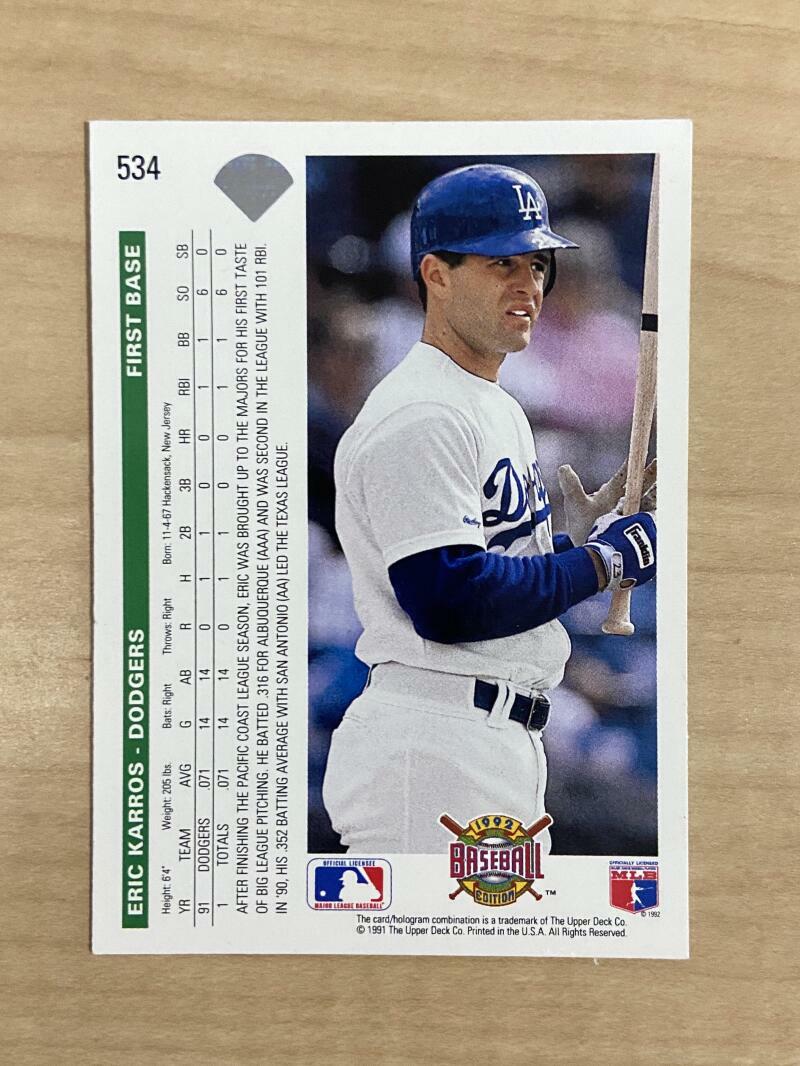 ERIC KARROS LOS ANGELES DODGERS SIGNED 1992 UPPER DECK CARD #534 W/COA