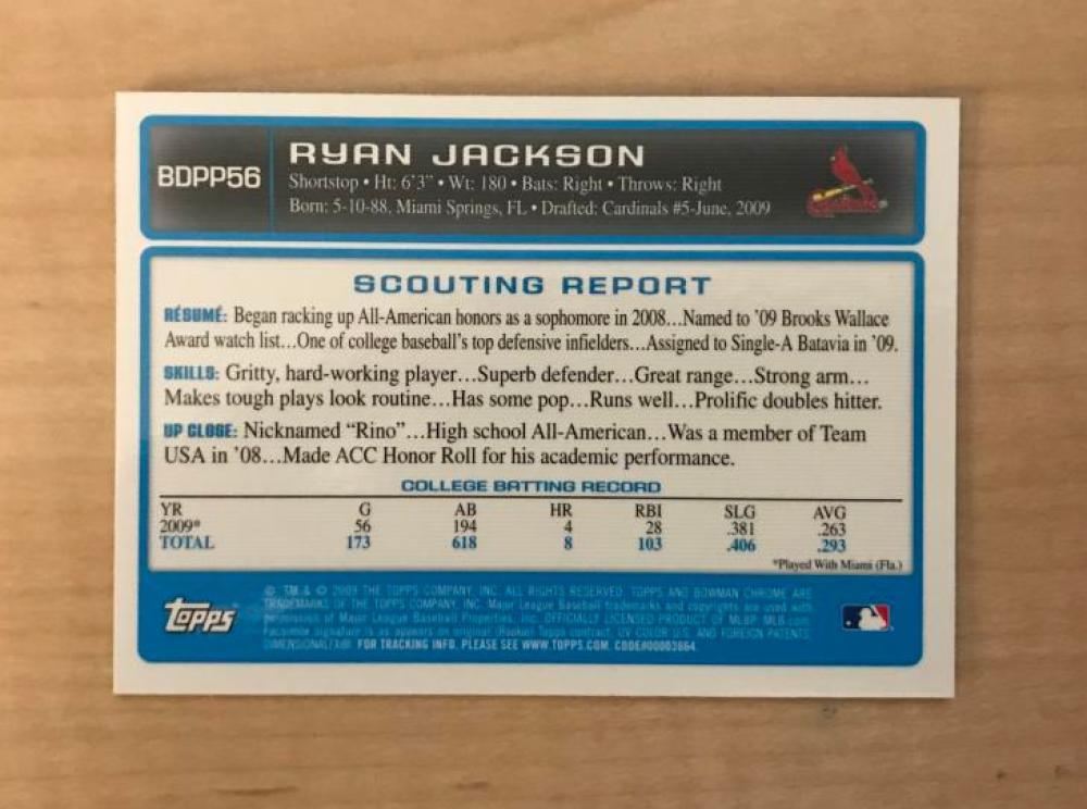 RYAN JACKSON ST. LOUIS CARDINALS SIGNED 2009 BOWMAN CHROME CARD #BDPP56 W/COA 