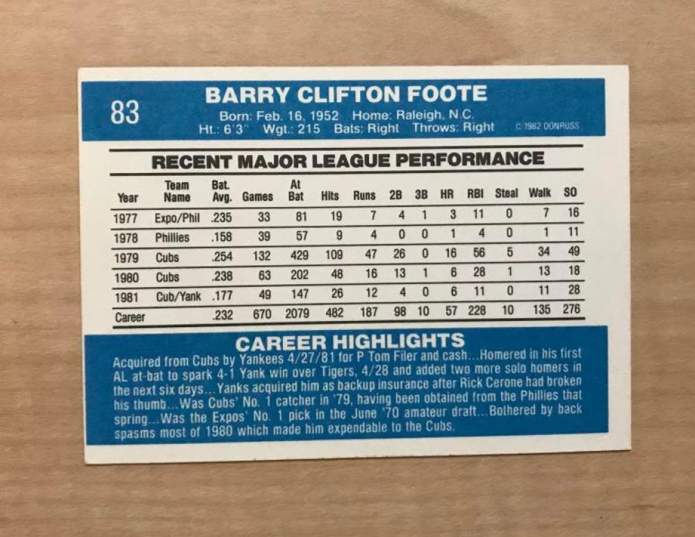BARRY FOOTE NEW YORK YANKEES SIGNED AUTOGRAPHED 1982 DONRUSS CARD #83 W/COA 