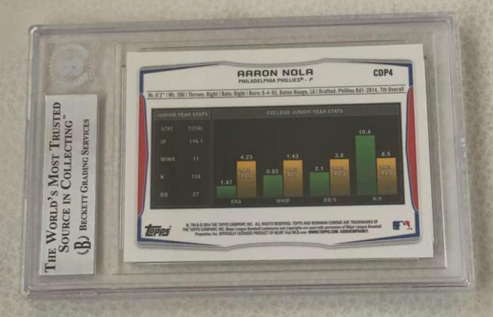 2014 BOWMAN CHROME DRAFT AARON NOLA PHILLIES CPD4  SIGNED CARD BECKETT AUTH AUTO
