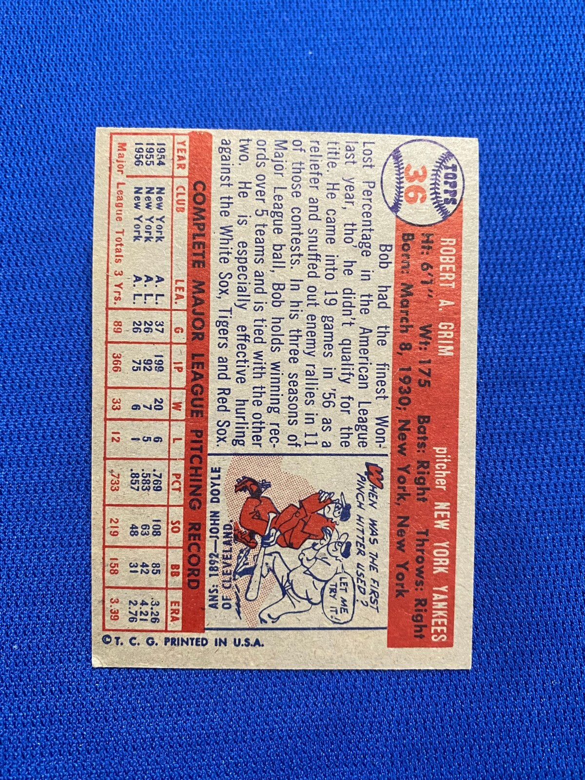 1957 TOPPS BOB GRIM NEW YORK YANKEES #36 CARD VINTAGE SET-BREAK