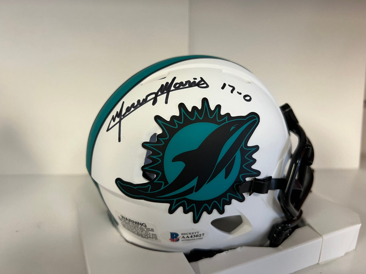 MERCURY MORRIS 17-0 MIAMI DOLPHINS SIGNED AUTOGRAPHED LUNAR MINI HELMET BECKETT