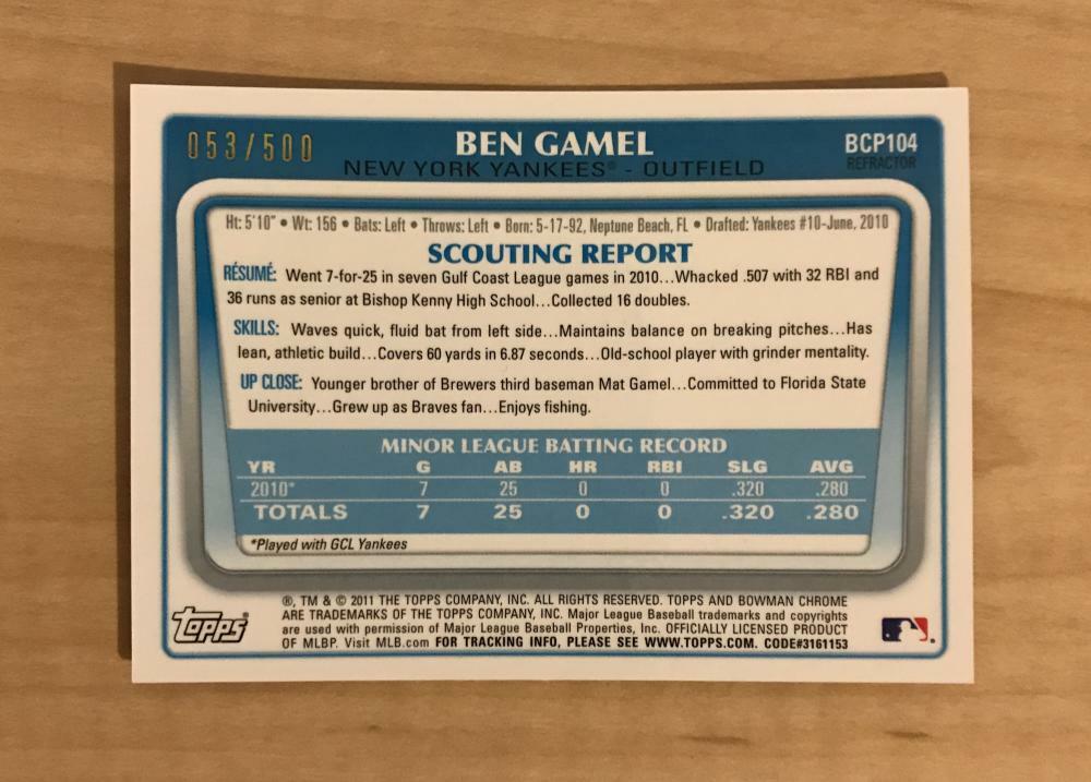 BEN GAMEL NEW YORK YANKEES SIGNED 2011 BOWMAN CHROME CARD #BCP104 W/COA