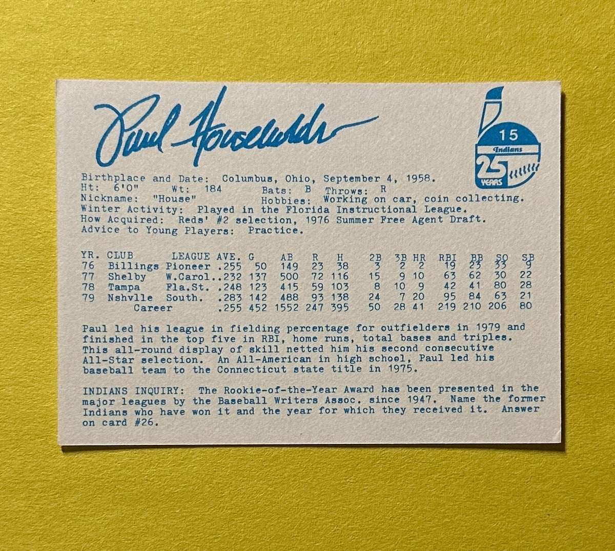 1980 INDIANAPOLIS PAUL HOUSEHOLDER #15 BASEBALL CARD