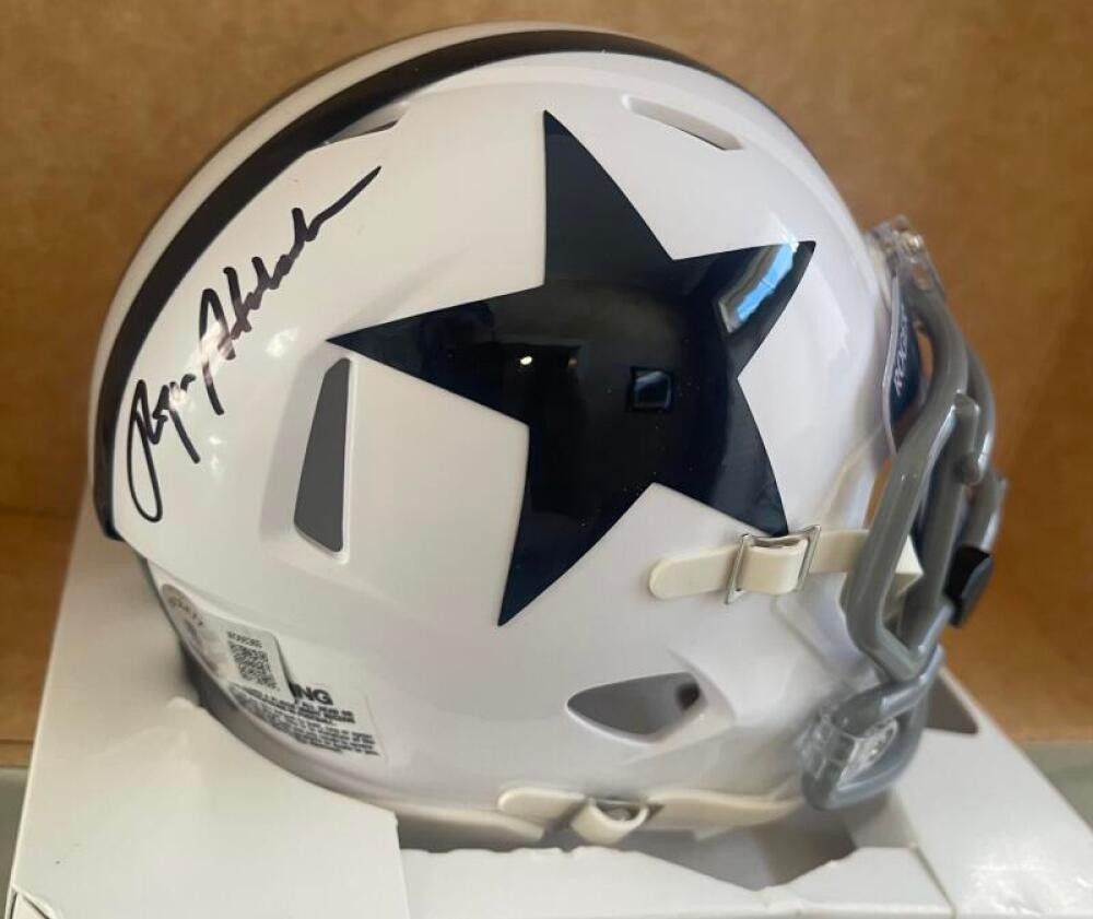ROGER STAUBACH COWBOYS CAP AMERICA VISOR RARE SIGNED AUTO MINI HELMET BECKETT AU