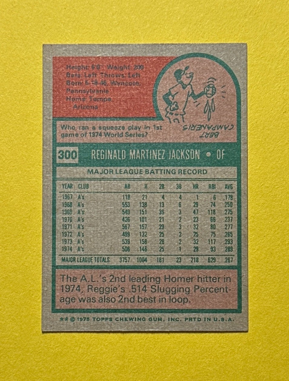 1975 TOPPS REGGIE JACKSON #300 ATHLETICS HOF