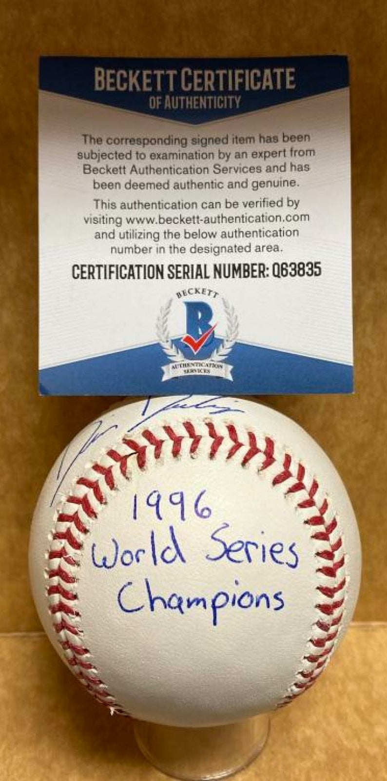 BRIAN BOEHRINGER NEW YORK YANKEES 96 W.S. SIGNED M.L. BASEBALL BECKETT Q63835