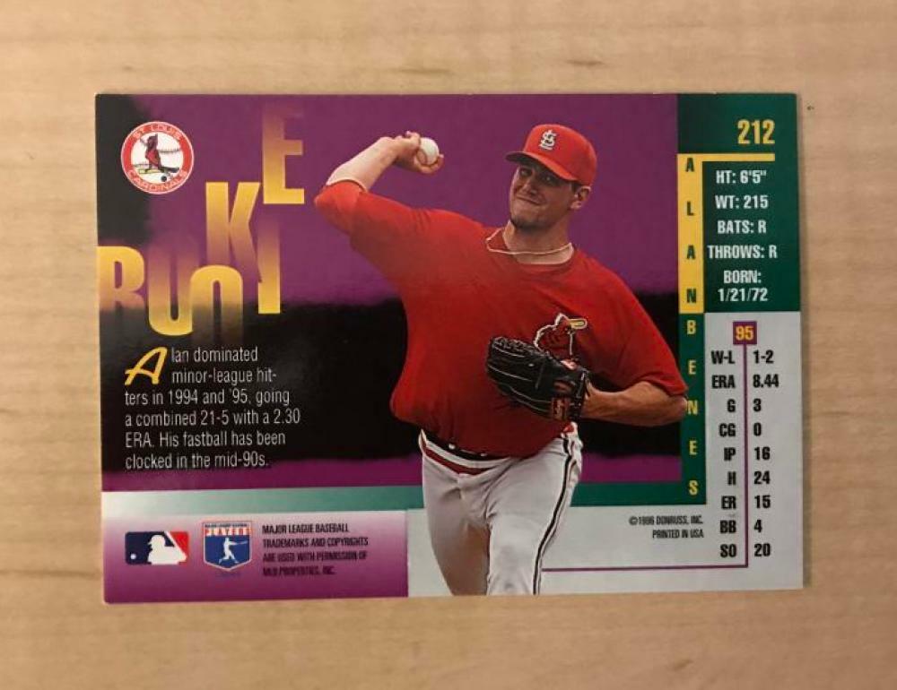 ALAN BENES ST. LOUIS CARDINALS SIGNED AUTOGRAPHED 1996 DONRUSS CARD #212 W/COA 