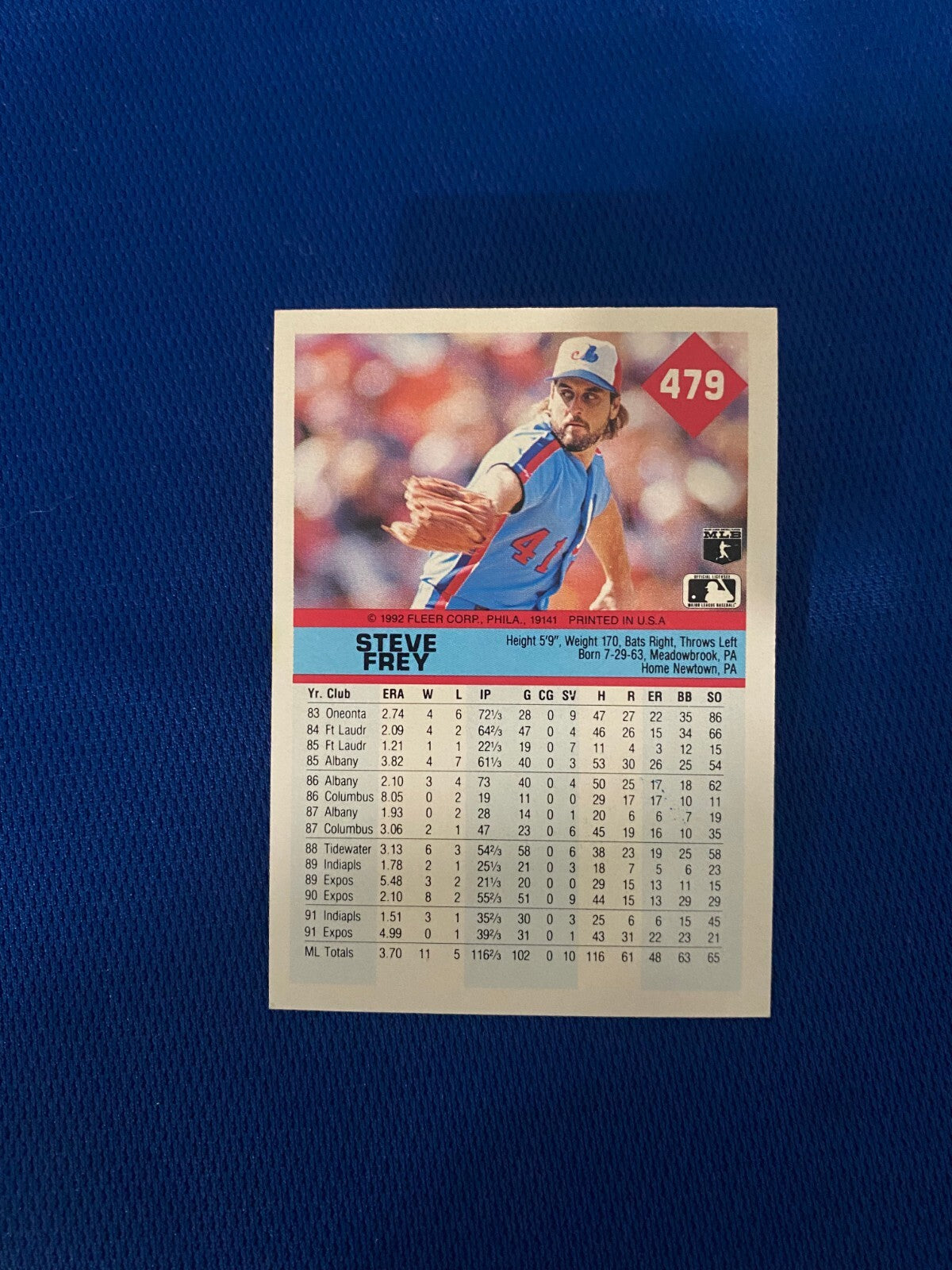 1992 FLEER STEVE FREY MONTREAL EXPOS AUTOGRAPHED SIGNED CARD #479 W/COA