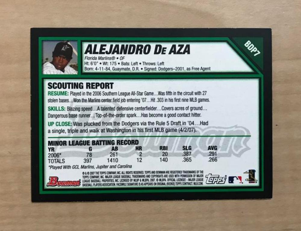 ALEJANDRO DE AZA FLORIDA MARLINS SIGNED AUTOGRAPHED 2007 BOWMAN CARD #BDP7 W/COA