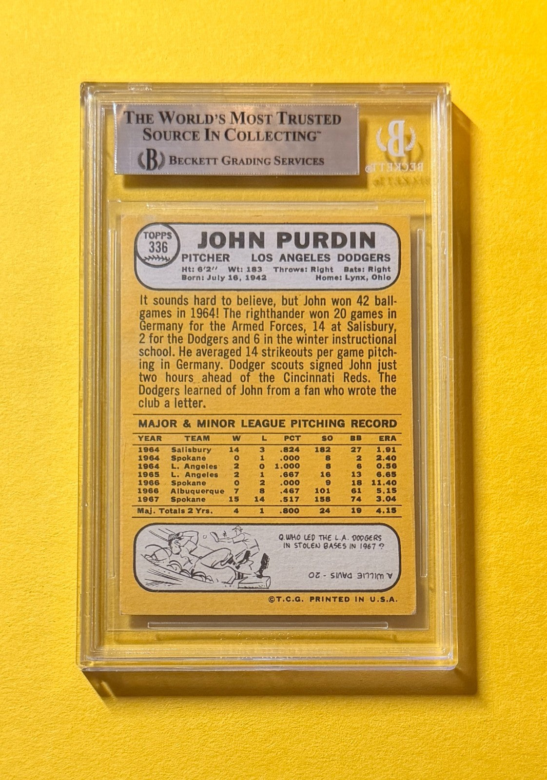 1968 TOPPS JOHN PURDIN #336 SIGNED AUTO CARD BECKETT AUTHENTIC DODGERS