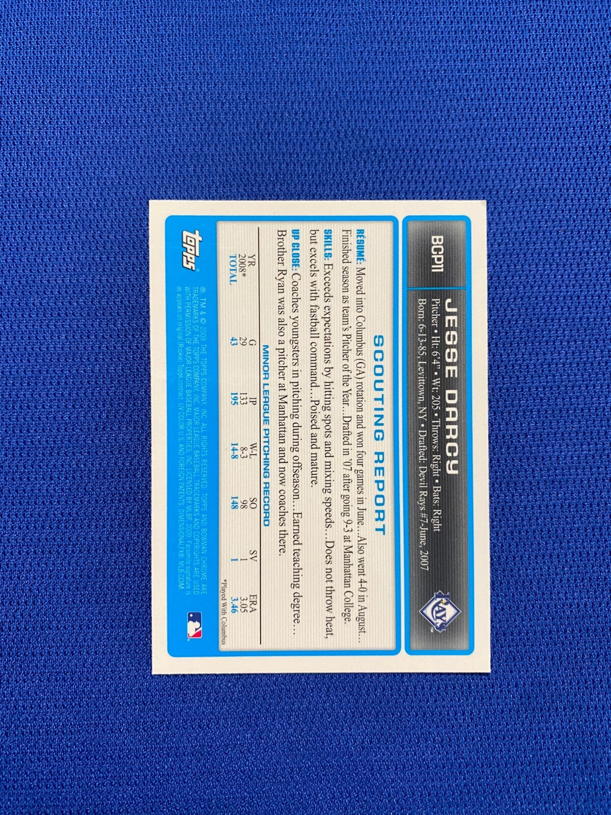 2009 BOWMAN CHROME JESSE DARCY TB RAYS AUTO SIGNED RC CARD #BCP11 W/COA