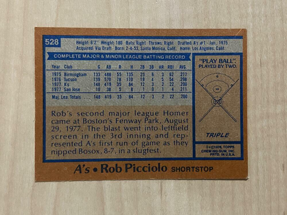 ROB PICCIOLO OAKLAND ATHLETICS SIGNED AUTOGRAPHED 1978 TOPPS CARD #528 W/COA