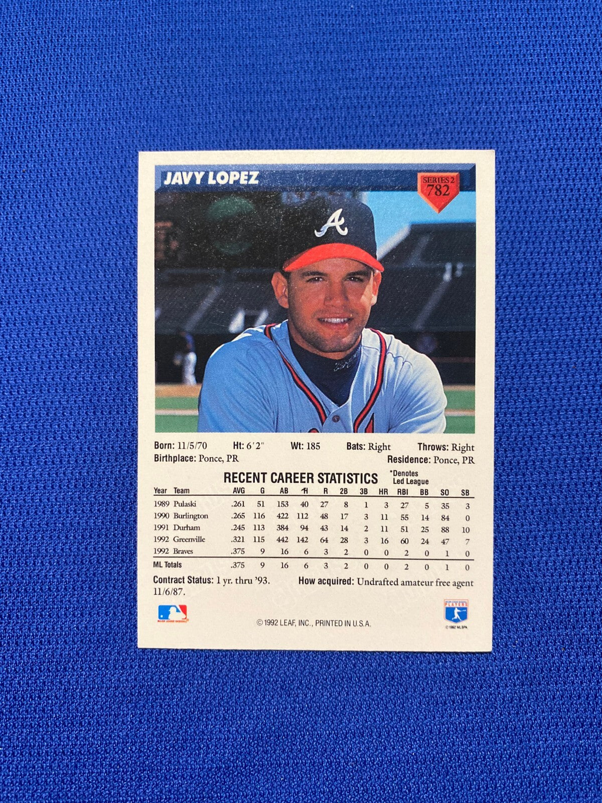 1993 DONRUSS JAVY LOPEZ ATLANTA BRAVES SIGNED AUTOGRAPHED #782 CARD W/COA