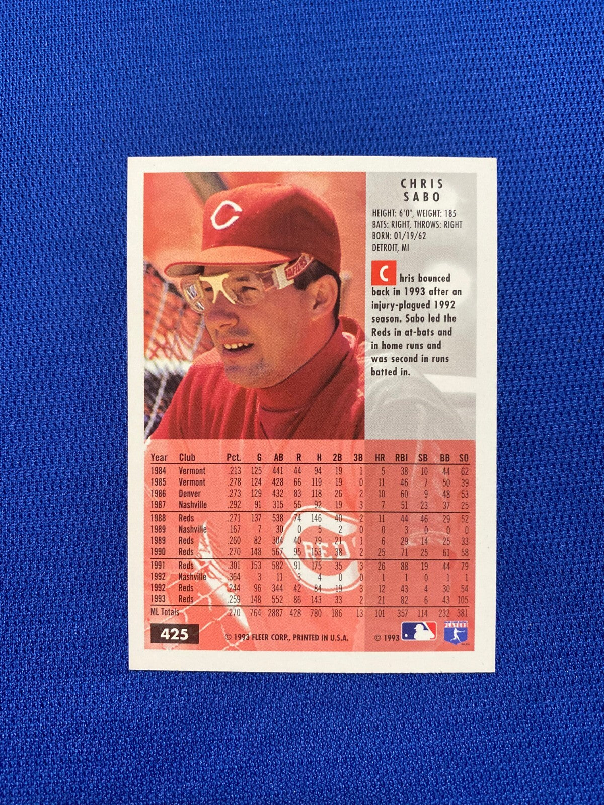 1994 FLEER CHRIS SABO CINCINNATI REDS SIGNED AUTOGRAPHED #425 CARD W/COA