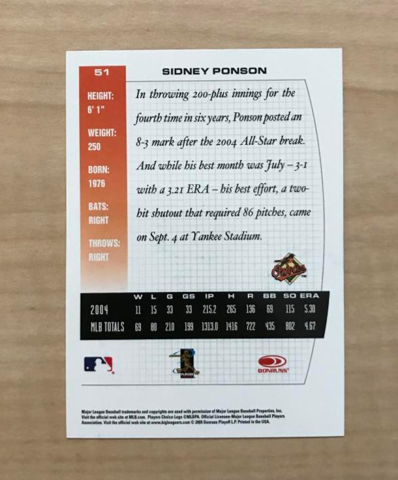SIDNEY PONSON BALTIMORE ORIOLES SIGNED AUTOGRAPHED 2005 DONRUSS CARD #51 W/COA