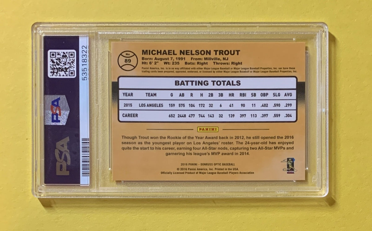 2016 PANINI DONRUSS OPTIC MIKE TROUT PINK REFRACTOR SP #89 PSA GEM MT 10 ANGELS