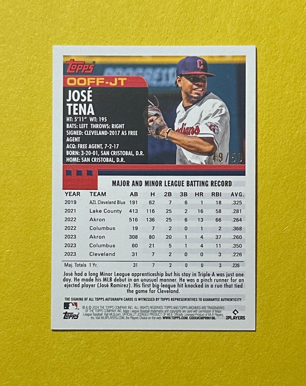 2024 TOPPS ARCHIVES JOSE TENA ROOKIE GOLD AUTO /50 #OOF-JT GUARDIANS
