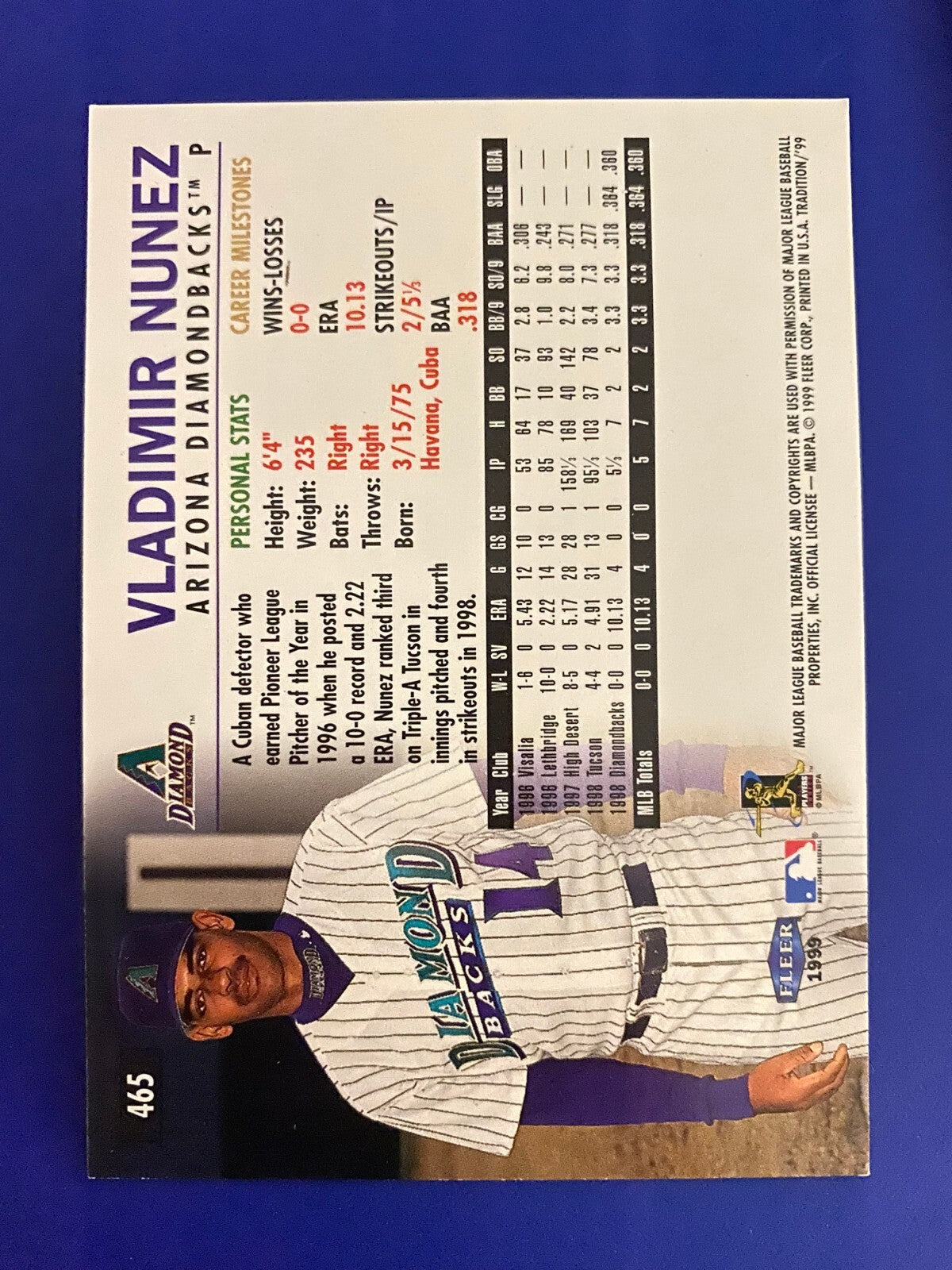 1999 FLEER TRADITION VLADIMIR NUNEZ ARIZ DIAMONDBACKS SIGNED AUTO #465 CARD COA