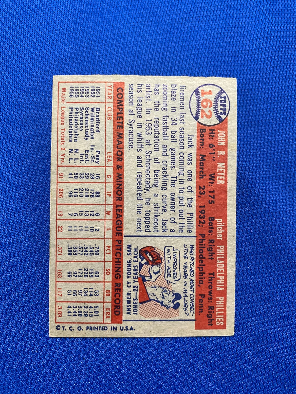 1957 TOPPS JACK MEYER PHILADELPHIA PHILLIES #162 CARD VINTAGE SET-BREAK