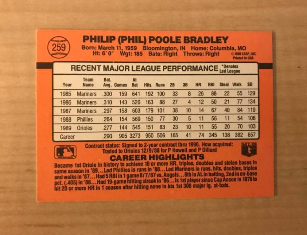 PHIL BRADLEY BALTIMORE ORIOLES SIGNED AUTOGRPAHED 1990 DONRUSS CARD #259 W/COA 