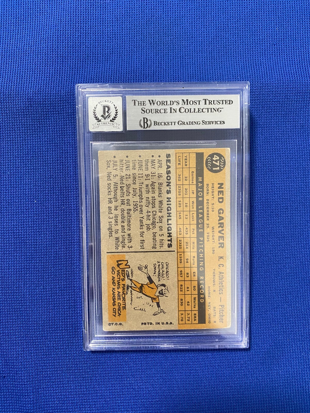 1960 TOPPS NED GARVER ATHLETICS SIGNED AUTOGRAPH AUTO CARD #471 BECKETT 10 AUTO