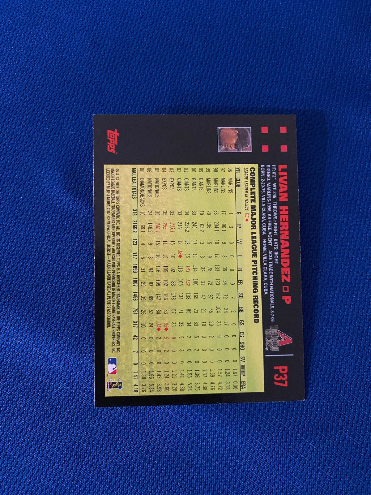 2007 TOPPS LIVAN HERNANDEZ DIAMONDBACKS AUTOGRAPHED SIGNED CARD #P37 W/COA
