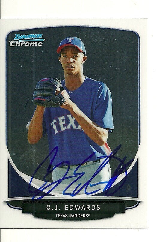 CJ EDWARDS TEXAS RANGERS SIGNED AUTO 2013 BOWMAN CHROME CARD #BCP144 W/COA