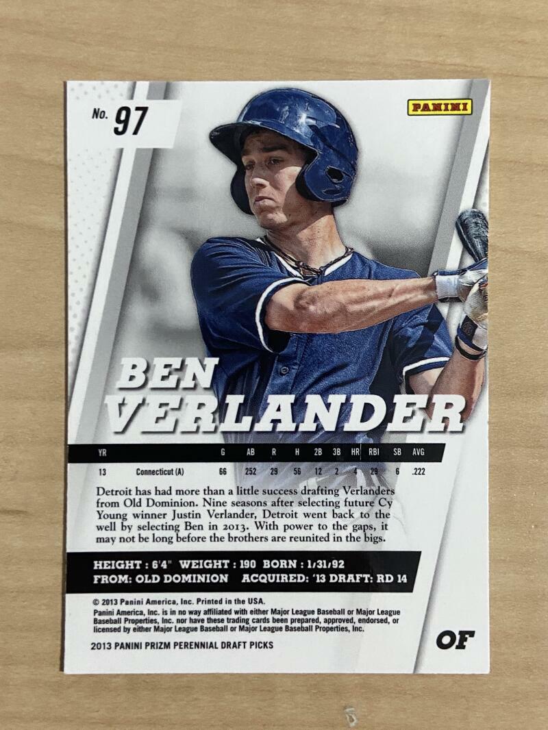 BEN VERANDER DETROIT TIGERS SIGNED AUTOGRAPHED 2013 PANINI CARD #97 W/COA
