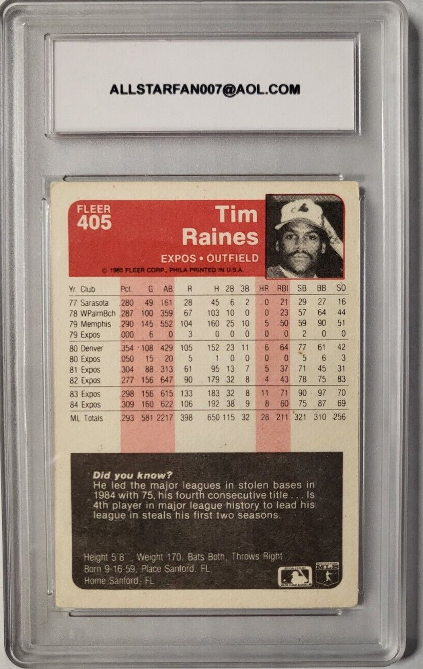 1985 FLEER TIM RAINES EXPOS #405 SIGNED AUTO CARD ALL STAR CARDS AUTHENTIC