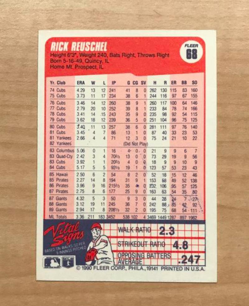 RICK REUSCHEL SAN FRANCISCO GIANTS SIGNED AUTOGRAPHED 1990 FLEER CARD #68 W/COA 