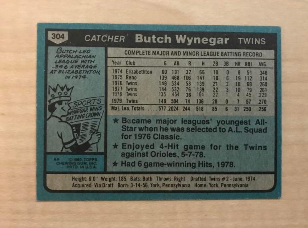 BUTCH WYNEGAR MINNESOTA TWINS SIGNED AUTOGRAPHED 1980 TOPPS CARD #304 W/COA