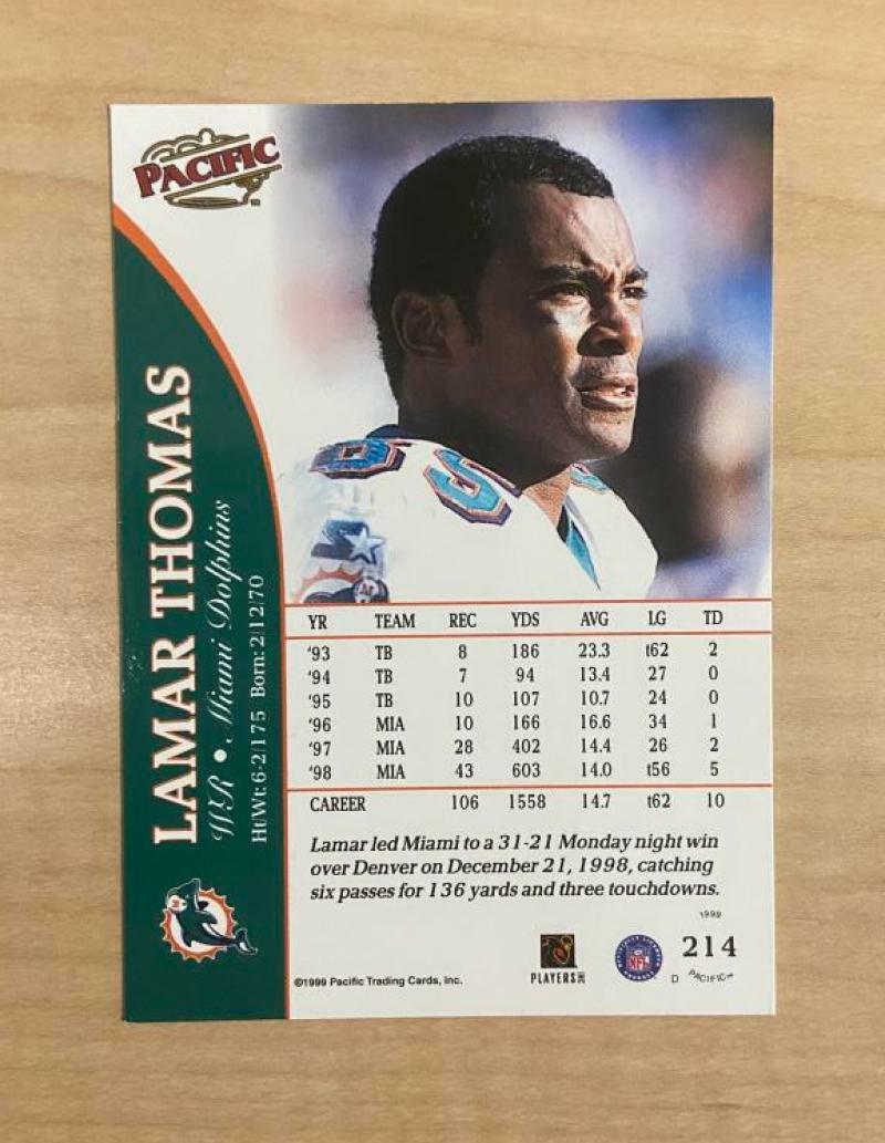 LAMAR THOMAS MIAMI DOLPHINS SIGNED AUTOGRAPHED 1999 PACIFIC CARD #214 W/COA