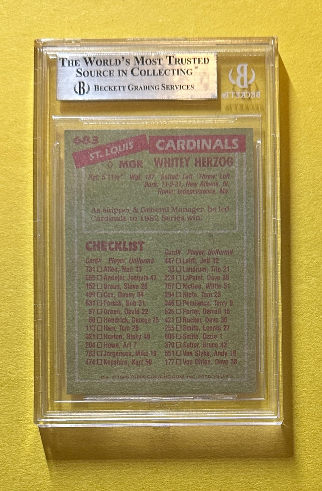 1985 TOPPS WHITEY HERZOG #683 MANAGER BECKETT CERTIFIED AUTHENTIC AUTOGRAPH