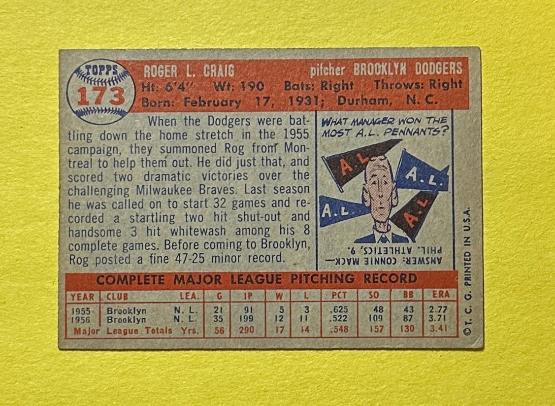 1957 TOPPS ROGER CRAIG #173 DODGERS